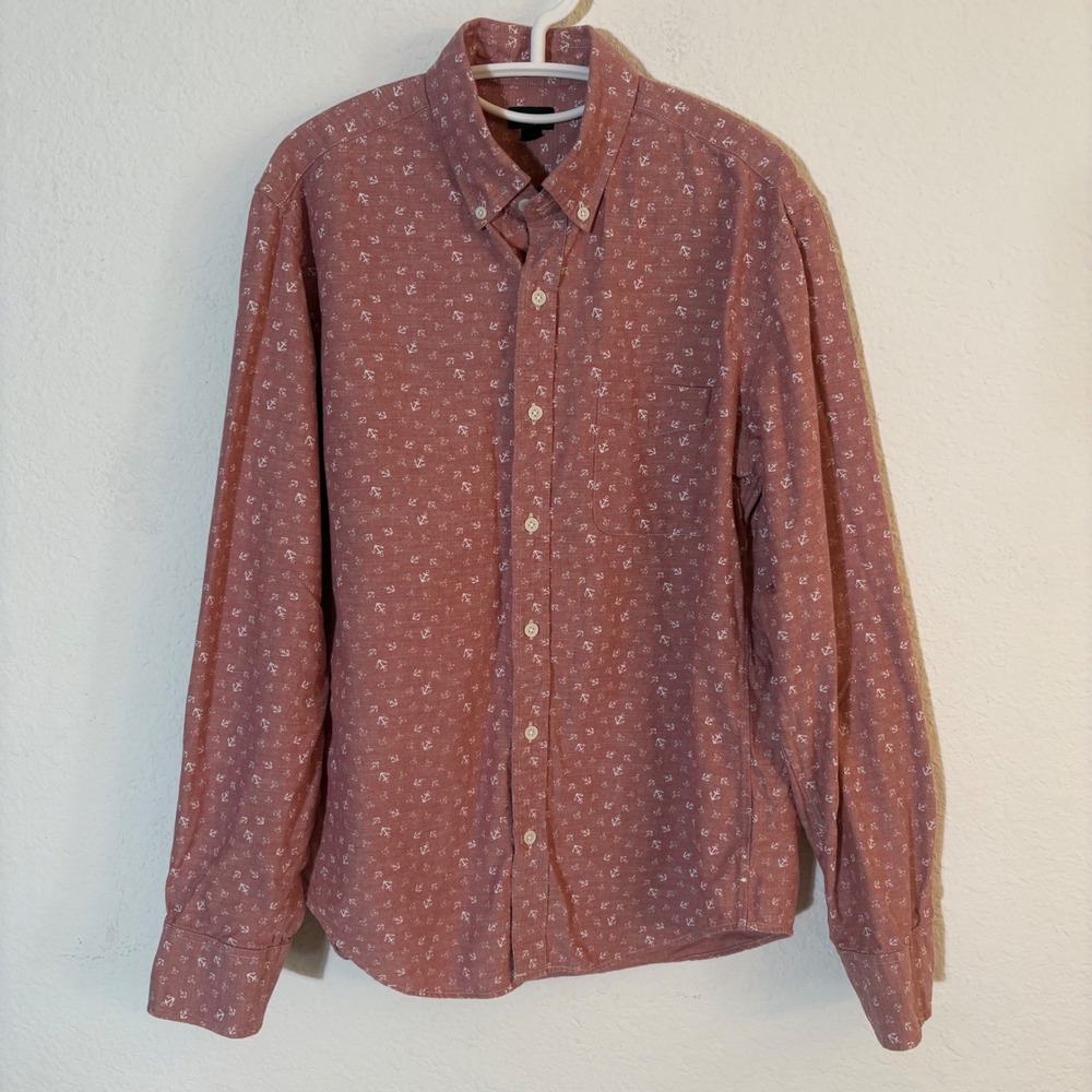 J. Crew Anchor Print Button Down Shirt Mens Medium Red Pink